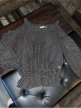 New York & Company Black Polka Dot Cold Shoulder Blouse